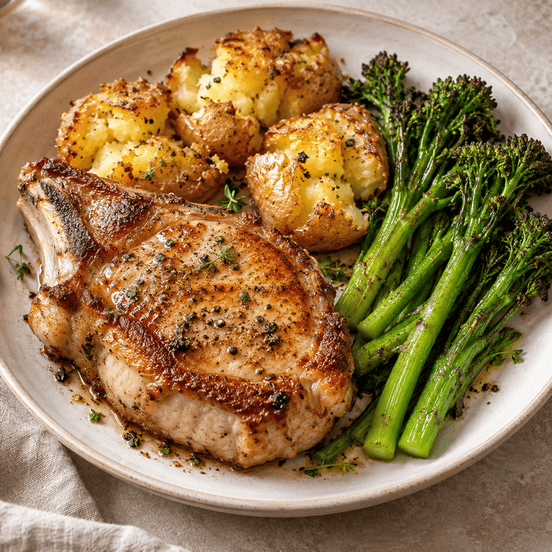 Pork chops with crushed new potatoes and charred tenderstem