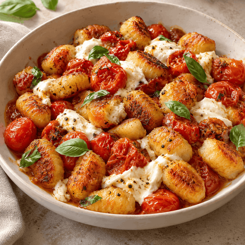 Crispy gnocchi with blistered tomatoes