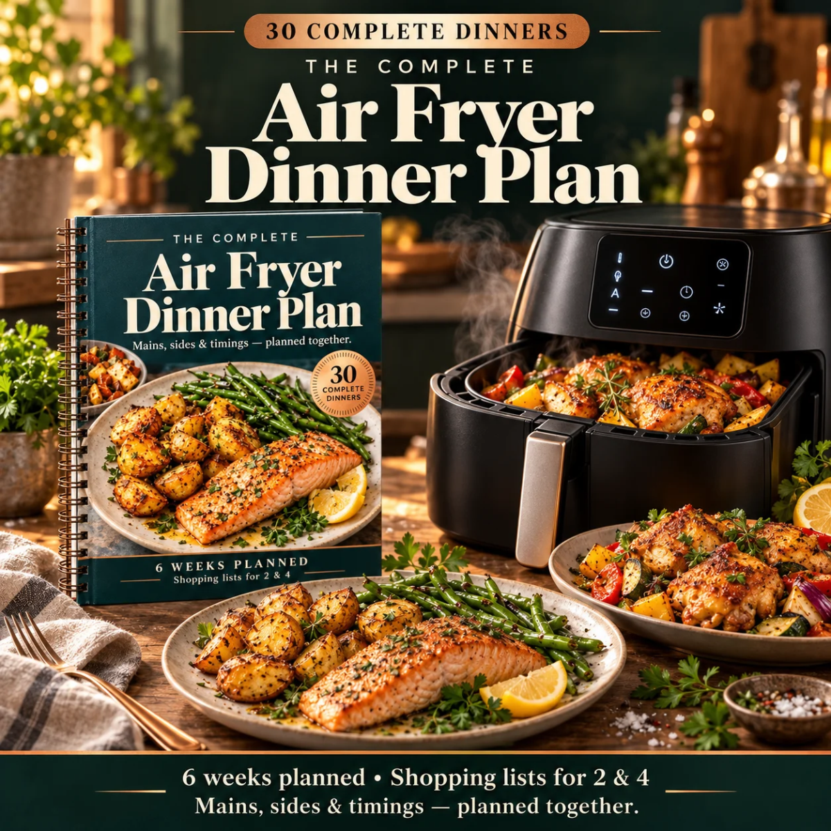 The Complete Air Fryer Dinner Plan — Printed Cookbook, 30 Dinners, 6 Weekly Shopping Lists + 4 Digital Bonuses