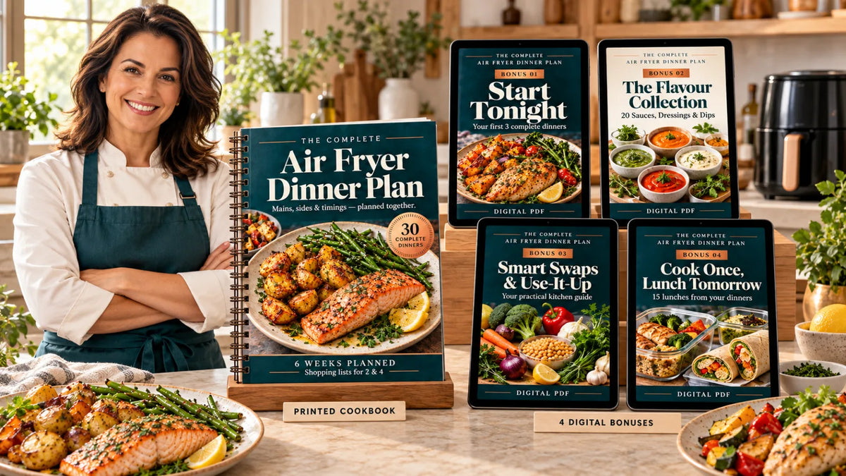 The Complete Air Fryer Dinner Plan printed cookbook with 4 digital bonuses