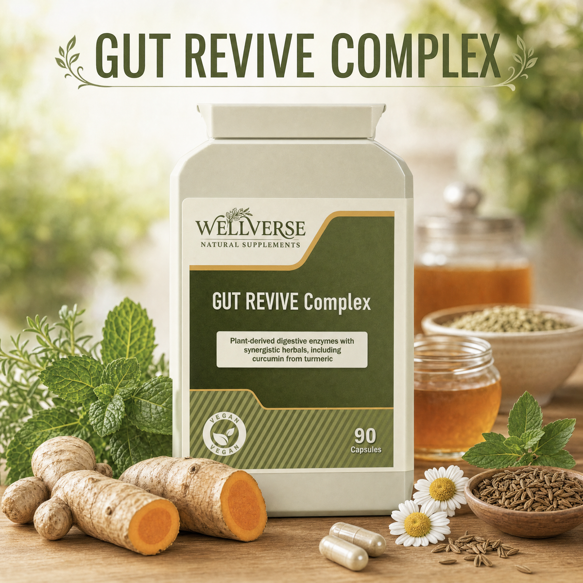 GUT REVIVE Complex | 90 Vegan Capsules | Plant-Derived Digestive Enzymes with Turmeric, Ginger, Fennel & Peppermint