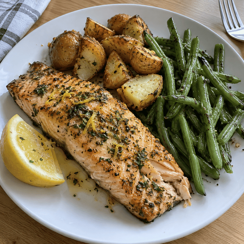 Lemon and herb salmon with roast potatoes and green beans