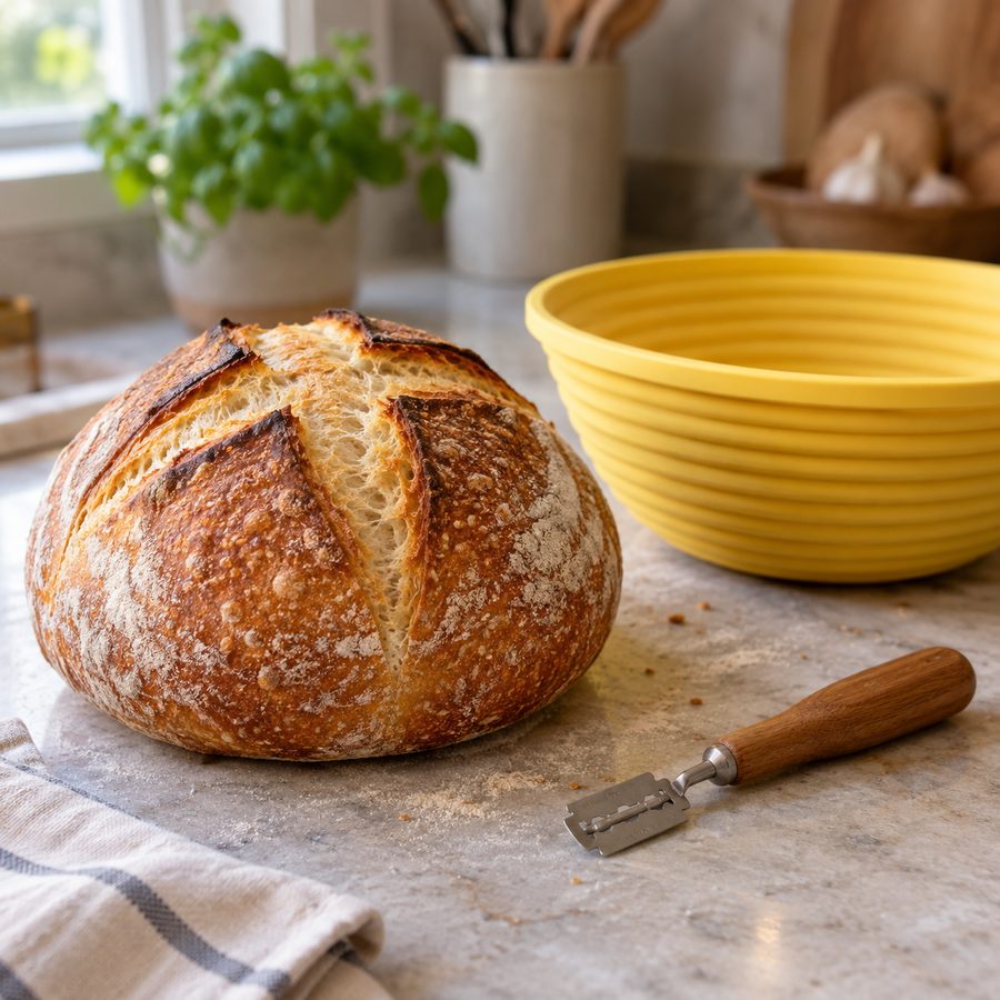 Freshly baked sourdough loaf scored with the bread lame, next to the yellow silicone proving basket